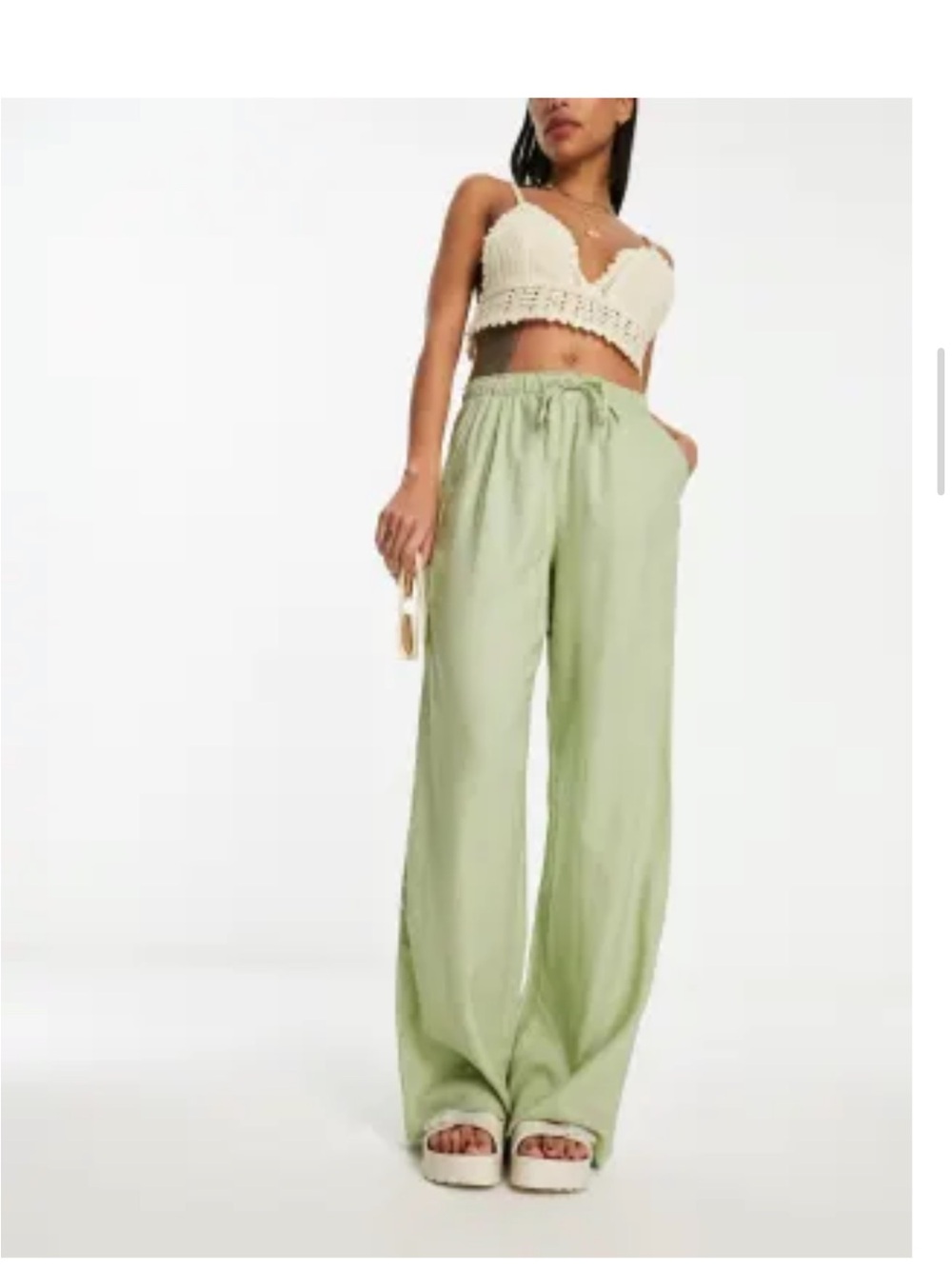 Bershka tie waist wide leg linen pants in sage size small
